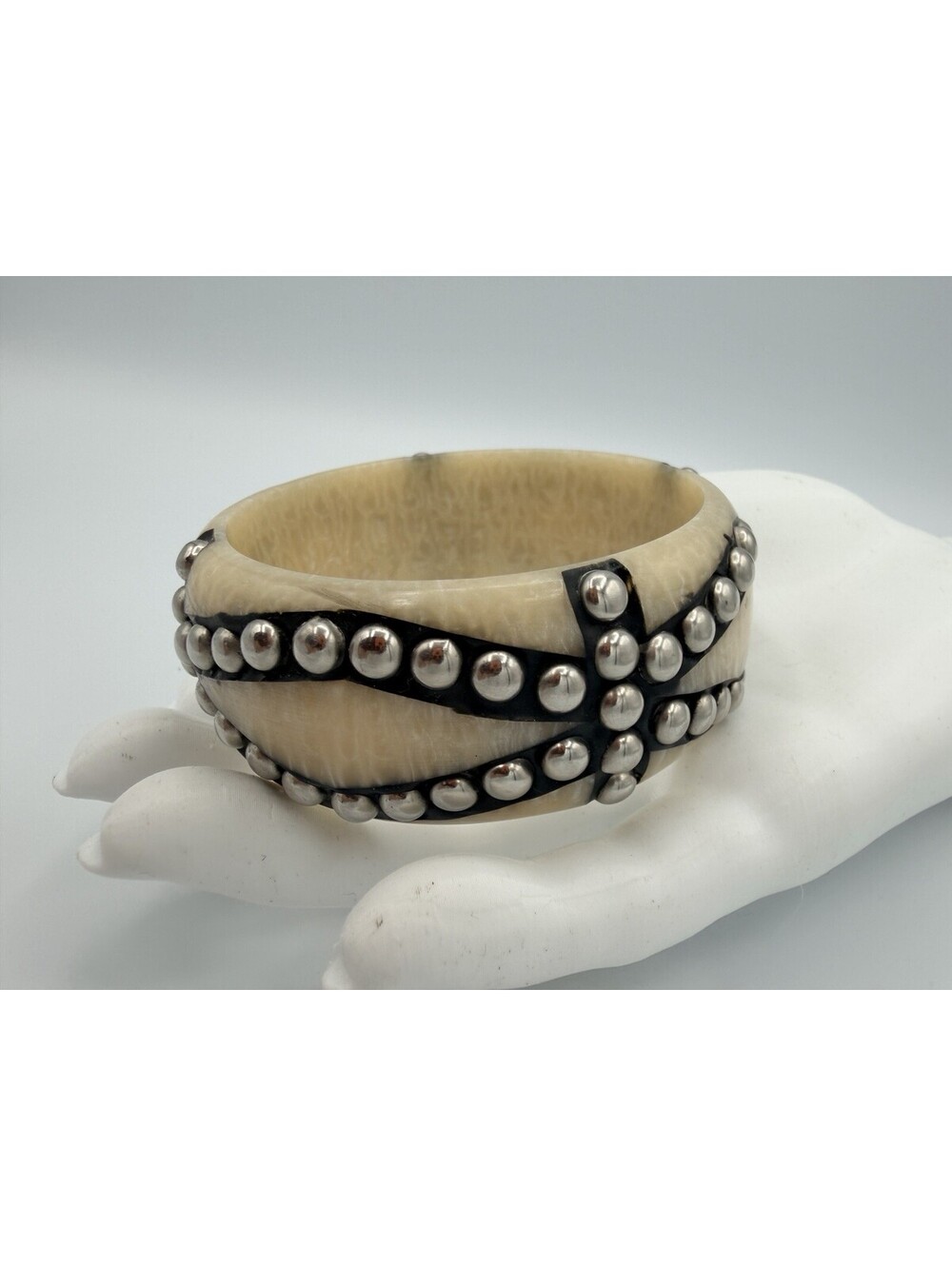 Chunky Cream Black Silver Tone Studded Wide Bangle Bracelet Boho Statement